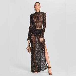 Retrofere Alexa Sequin Crochet Maxi Dress Open Back High Slit Coffee Bean M/L